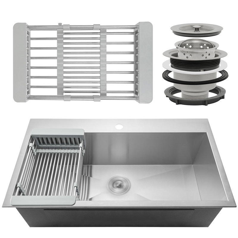 AKDY Handmade Stainless Steel DropIn Kitchen Sink with Adjustable Tray